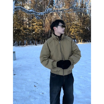 Мъжко късо памучно подплатено яке с качулка, яка-стойка, цип, пълнеж от копринено влакно