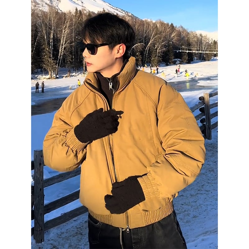 Мъжко късо памучно подплатено яке с качулка, яка-стойка, цип, пълнеж от копринено влакно