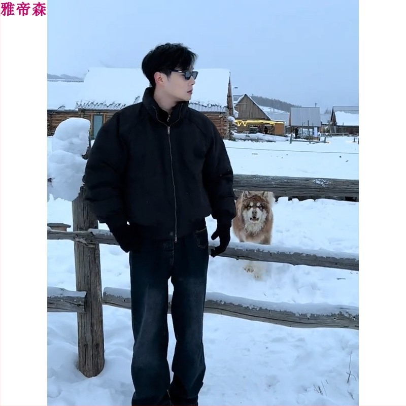 Мъжко късо памучно подплатено яке с качулка, яка-стойка, цип, пълнеж от копринено влакно