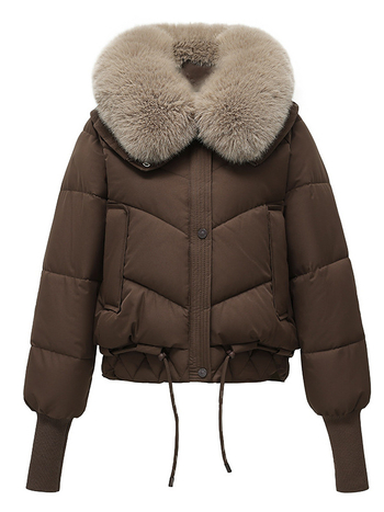 Късо памучно яке с яка от изкуствен пух, закопчаване с цип, пълнеж пух-памук, стил японско-корейски casual