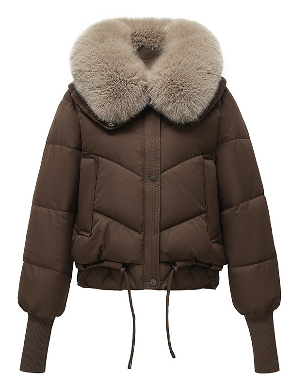 Късо памучно яке с яка от изкуствен пух, закопчаване с цип, пълнеж пух-памук, стил японско-корейски casual