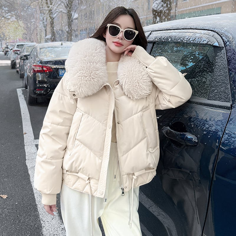 Късо памучно яке с яка от изкуствен пух, закопчаване с цип, пълнеж пух-памук, стил японско-корейски casual