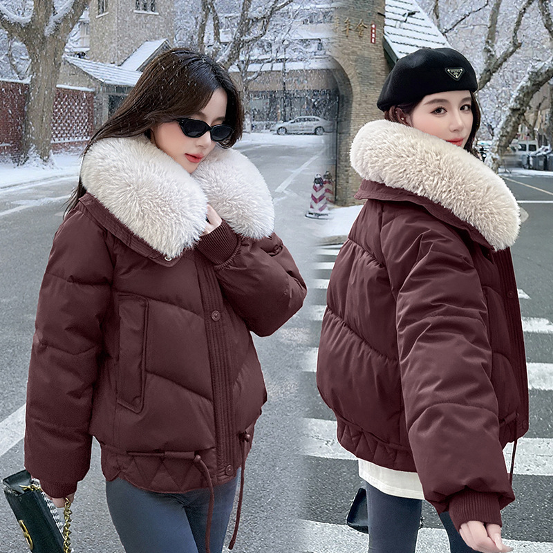 Късо памучно яке с яка от изкуствен пух, закопчаване с цип, пълнеж пух-памук, стил японско-корейски casual