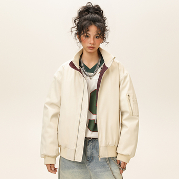 Зимно дебело памучено akoе в стил корейски кардиган, стояща яка, цип, триизмерни патч джобове, свободна кройка