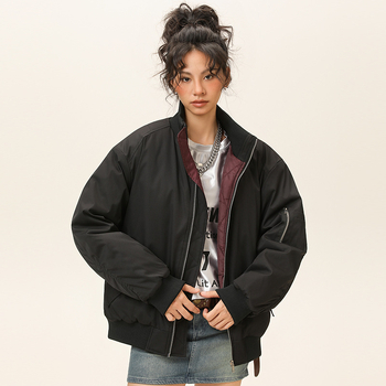 Зимно дебело памучено akoе в стил корейски кардиган, стояща яка, цип, триизмерни патч джобове, свободна кройка