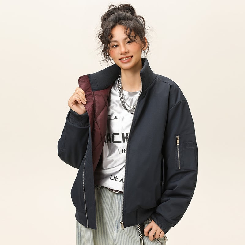 Зимно дебело памучено akoе в стил корейски кардиган, стояща яка, цип, триизмерни патч джобове, свободна кройка