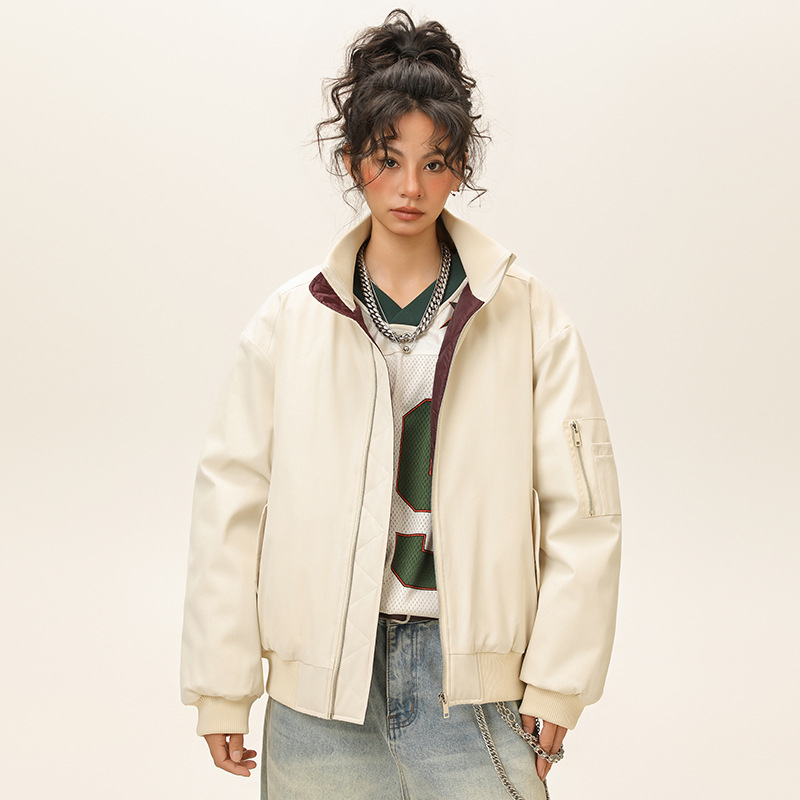 Зимно дебело памучено akoе в стил корейски кардиган, стояща яка, цип, триизмерни патч джобове, свободна кройка