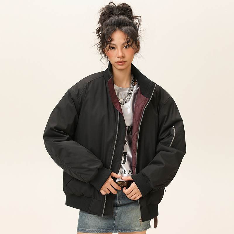 Зимно дебело памучено akoе в стил корейски кардиган, стояща яка, цип, триизмерни патч джобове, свободна кройка