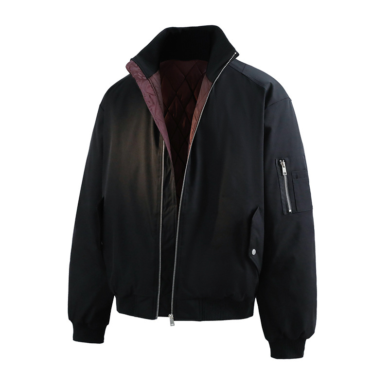 Зимно дебело памучено akoе в стил корейски кардиган, стояща яка, цип, триизмерни патч джобове, свободна кройка