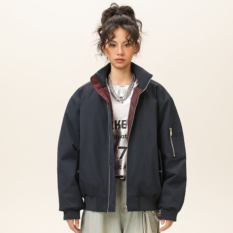 Зимно дебело памучено akoе в стил корейски кардиган, стояща яка, цип, триизмерни патч джобове, свободна кройка