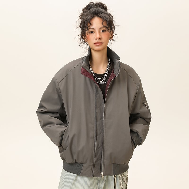 Зимно дебело памучено akoе в стил корейски кардиган, стояща яка, цип, триизмерни патч джобове, свободна кройка