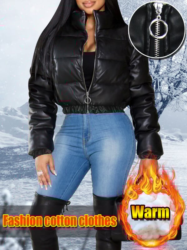 Памучно дамско палто с висока яка, с цип, дълги ръкави, къс модел (≤40 cm), 70–80% памук, спандекс 20–30%