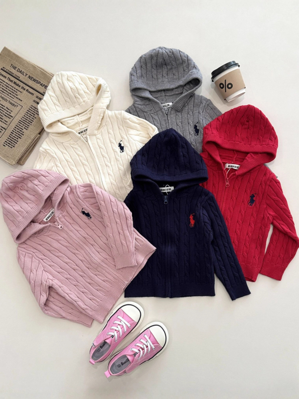 Dječji pleteni džemper s kapuljačom i zipom, korejski stil, unisex, izšiven crtani motiv, debelo pletenje, viskoza 25%, model 25806
