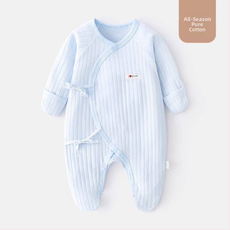 Новородено памучен ромпер с крачета, дълги ръкави, диагонално закопчаване и връзка