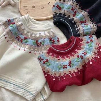 Bērnu adīts džemperis, smags roku darbs, Fair Isle žakards, 90% kokvilna, 3–8 gadi, Ziemas 2025