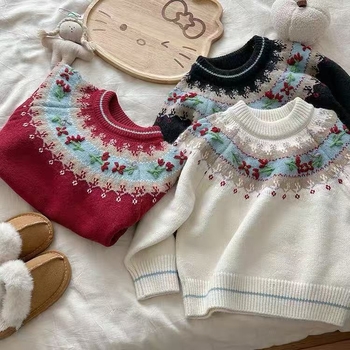 Bērnu adīts džemperis, smags roku darbs, Fair Isle žakards, 90% kokvilna, 3–8 gadi, Ziemas 2025