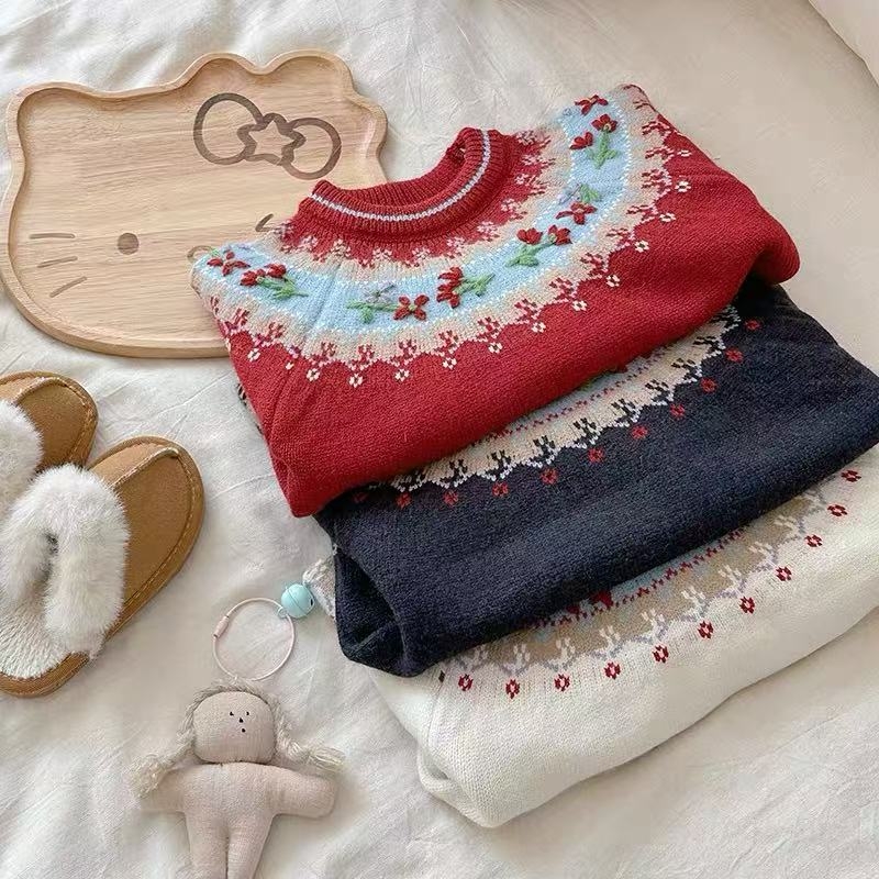 Bērnu adīts džemperis, smags roku darbs, Fair Isle žakards, 90% kokvilna, 3–8 gadi, Ziemas 2025
