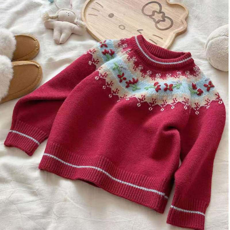 Bērnu adīts džemperis, smags roku darbs, Fair Isle žakards, 90% kokvilna, 3–8 gadi, Ziemas 2025