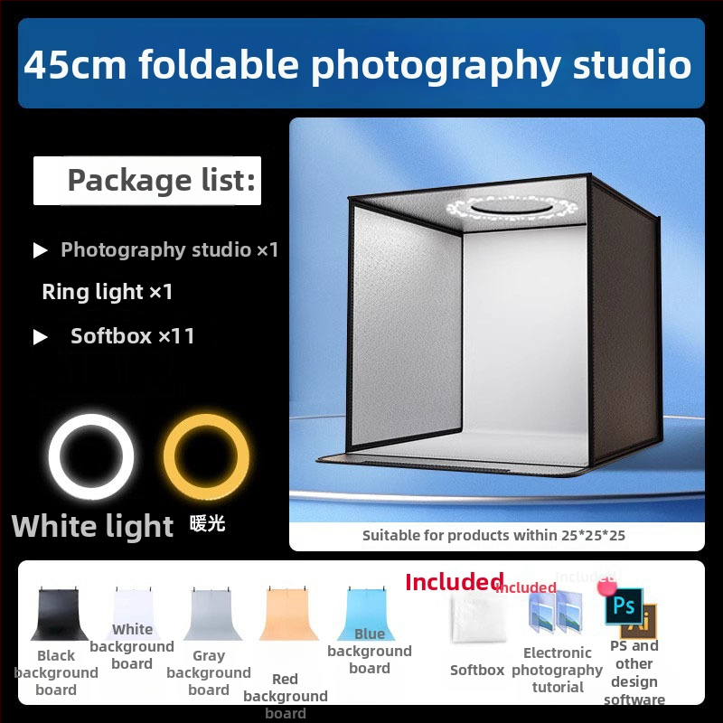 Kompakta studijas gaismas kaste ar saliekamu LED fona kastu, bez ēnām, piemērota still life un juvelierizstrādājumu fotografēšanai