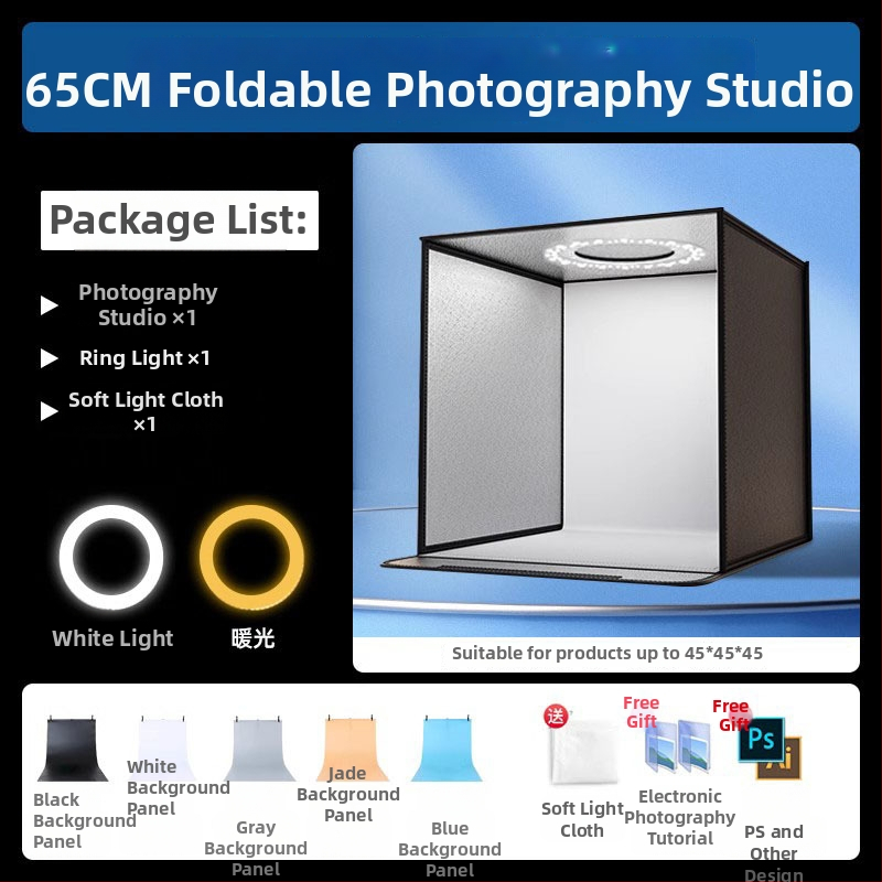 Kompakta studijas gaismas kaste ar saliekamu LED fona kastu, bez ēnām, piemērota still life un juvelierizstrādājumu fotografēšanai