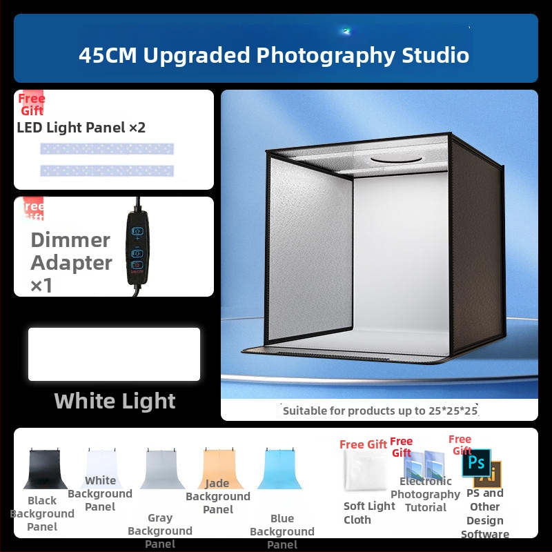 Kompakta studijas gaismas kaste ar saliekamu LED fona kastu, bez ēnām, piemērota still life un juvelierizstrādājumu fotografēšanai