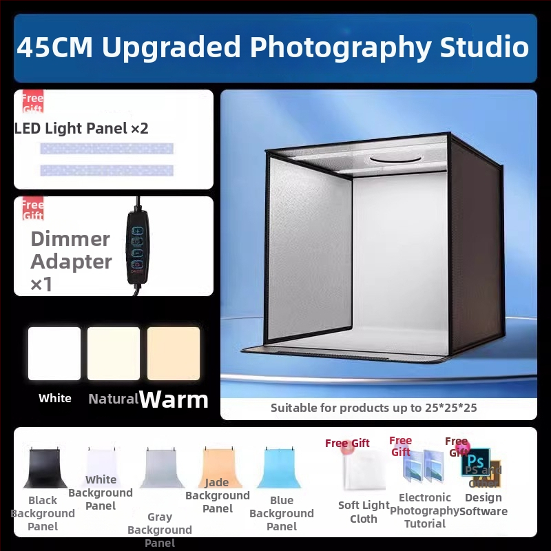 Kompakta studijas gaismas kaste ar saliekamu LED fona kastu, bez ēnām, piemērota still life un juvelierizstrādājumu fotografēšanai