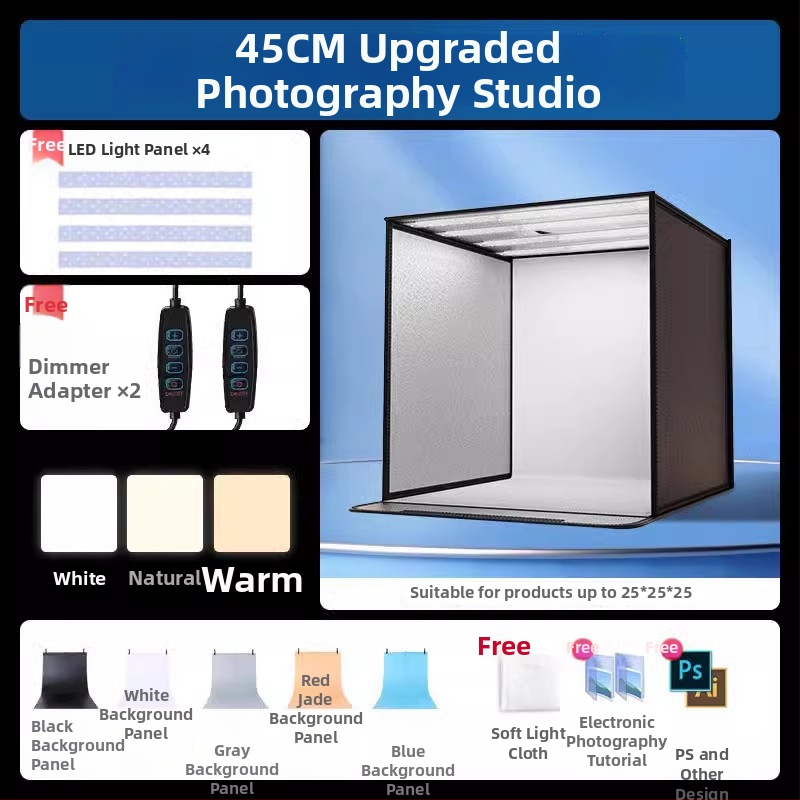 Kompakta studijas gaismas kaste ar saliekamu LED fona kastu, bez ēnām, piemērota still life un juvelierizstrādājumu fotografēšanai