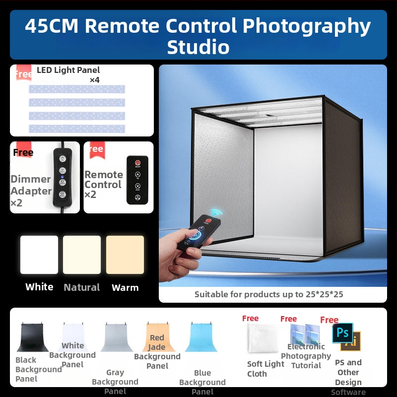 Kompakta studijas gaismas kaste ar saliekamu LED fona kastu, bez ēnām, piemērota still life un juvelierizstrādājumu fotografēšanai