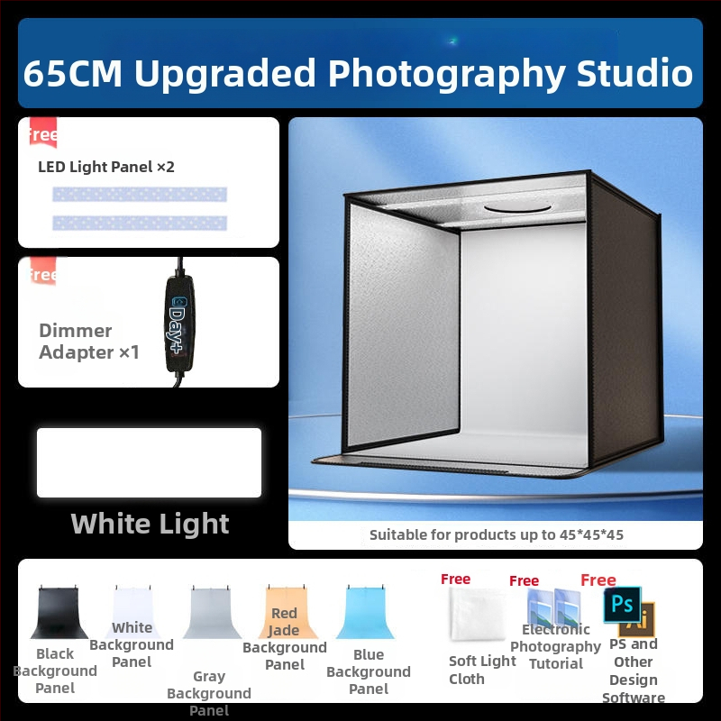 Kompakta studijas gaismas kaste ar saliekamu LED fona kastu, bez ēnām, piemērota still life un juvelierizstrādājumu fotografēšanai