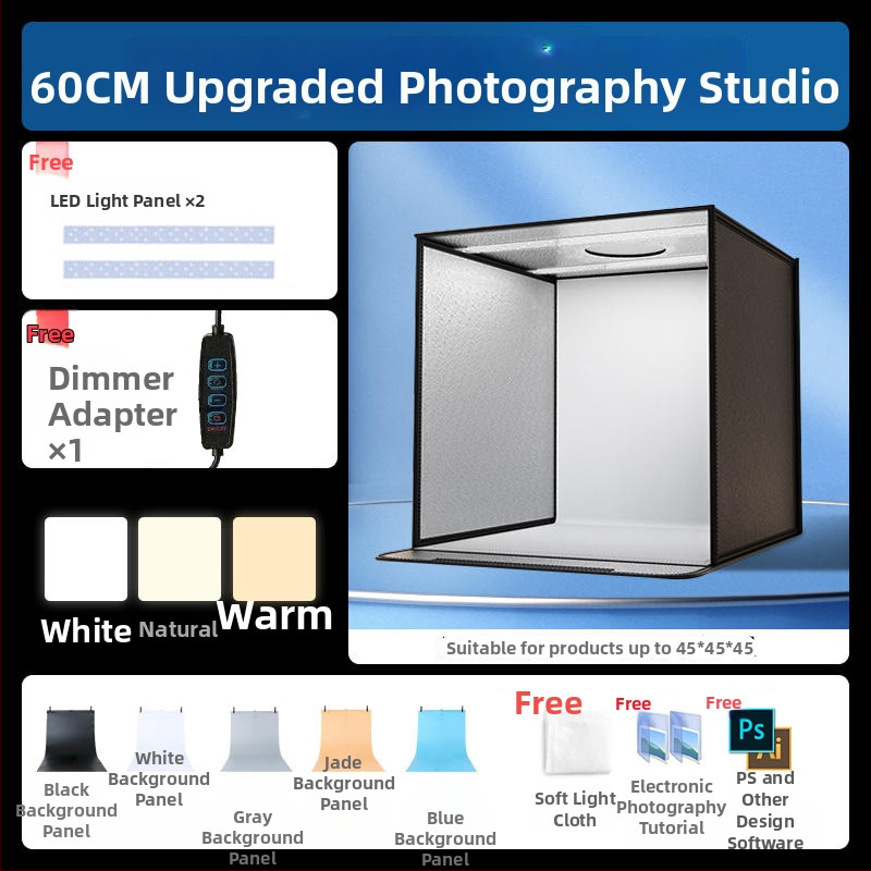 Kompakta studijas gaismas kaste ar saliekamu LED fona kastu, bez ēnām, piemērota still life un juvelierizstrādājumu fotografēšanai