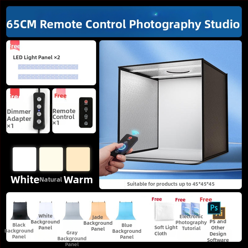 Kompakta studijas gaismas kaste ar saliekamu LED fona kastu, bez ēnām, piemērota still life un juvelierizstrādājumu fotografēšanai