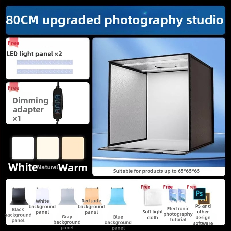 Kompakta studijas gaismas kaste ar saliekamu LED fona kastu, bez ēnām, piemērota still life un juvelierizstrādājumu fotografēšanai