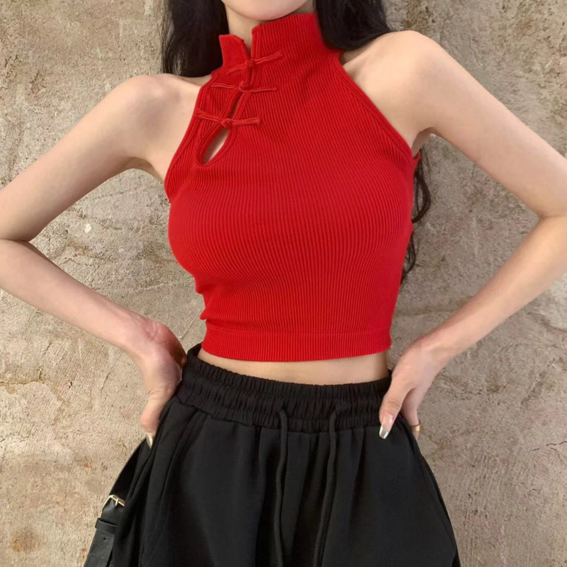 Bez rukava top inspiriran retro kineskim stilom cheongsam, najlon s elastanom, jednobojan, kratka duljina, ramena nisu skidiva.