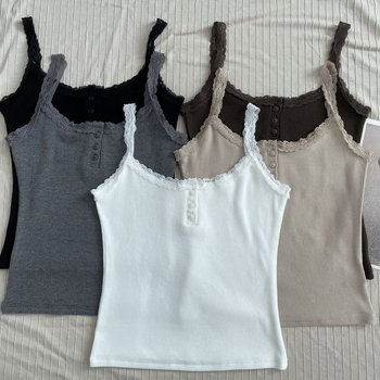 Слинг топ с дантелени копчета, памучна тъкан, акрил ≤30%, вискоза, за възрастни жени, есен 2023, стил: свеж и сладък