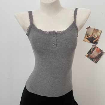 Слинг топ с дантелени копчета, памучна тъкан, акрил ≤30%, вискоза, за възрастни жени, есен 2023, стил: свеж и сладък