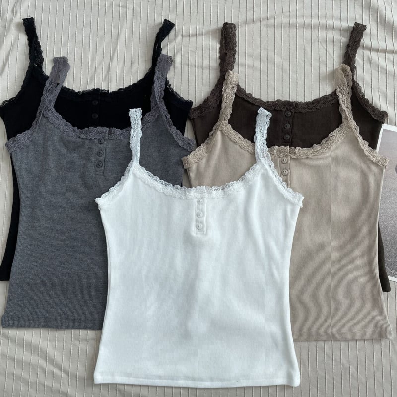 Слинг топ с дантелени копчета, памучна тъкан, акрил ≤30%, вискоза, за възрастни жени, есен 2023, стил: свеж и сладък