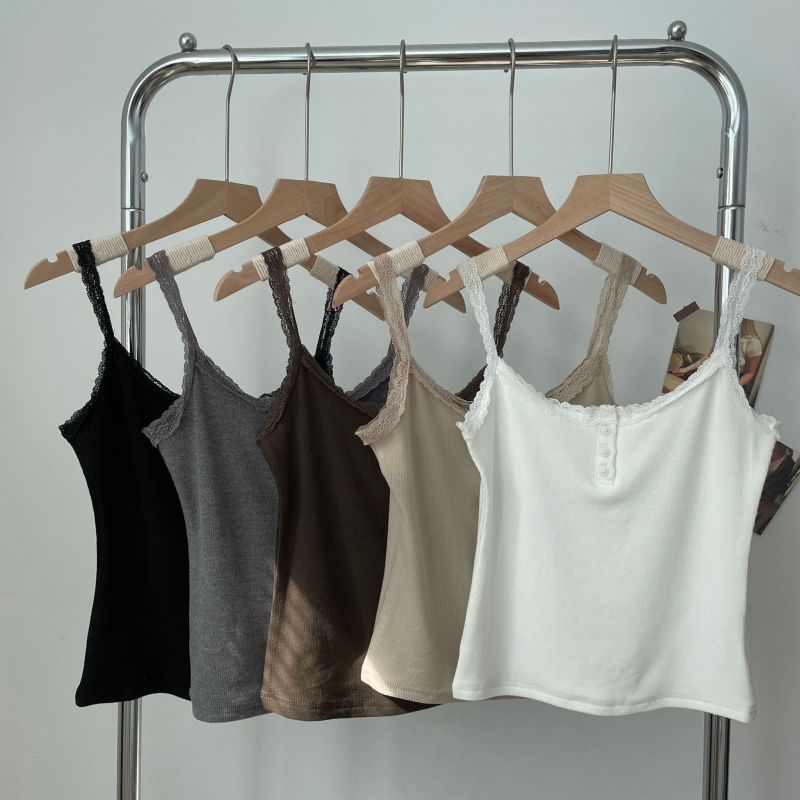 Слинг топ с дантелени копчета, памучна тъкан, акрил ≤30%, вискоза, за възрастни жени, есен 2023, стил: свеж и сладък