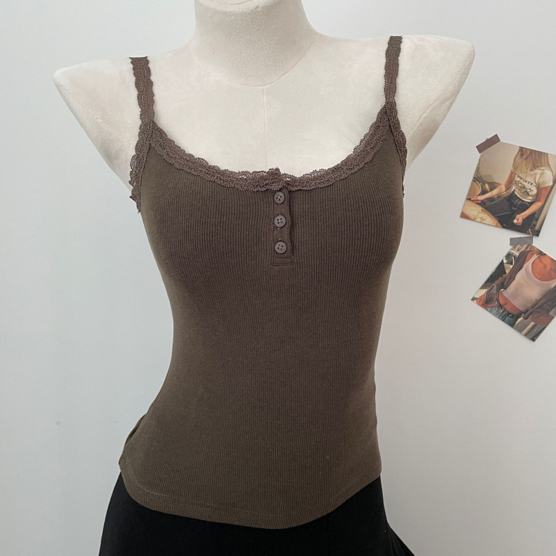 Слинг топ с дантелени копчета, памучна тъкан, акрил ≤30%, вискоза, за възрастни жени, есен 2023, стил: свеж и сладък