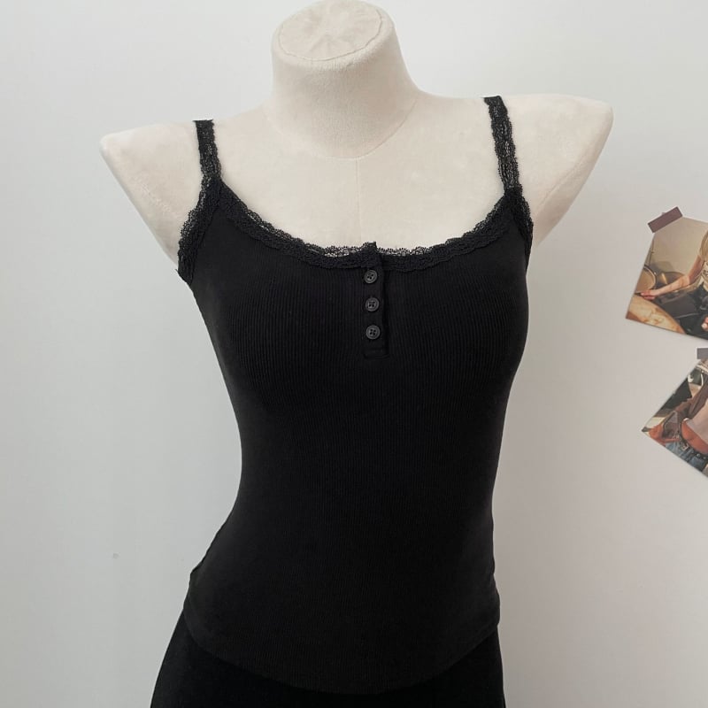 Слинг топ с дантелени копчета, памучна тъкан, акрил ≤30%, вискоза, за възрастни жени, есен 2023, стил: свеж и сладък