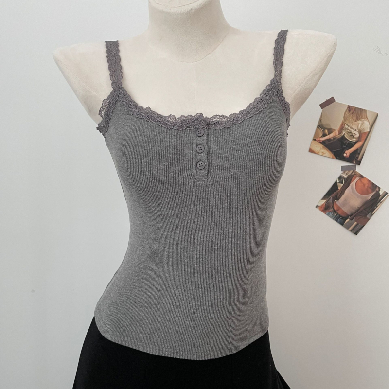 Слинг топ с дантелени копчета, памучна тъкан, акрил ≤30%, вискоза, за възрастни жени, есен 2023, стил: свеж и сладък