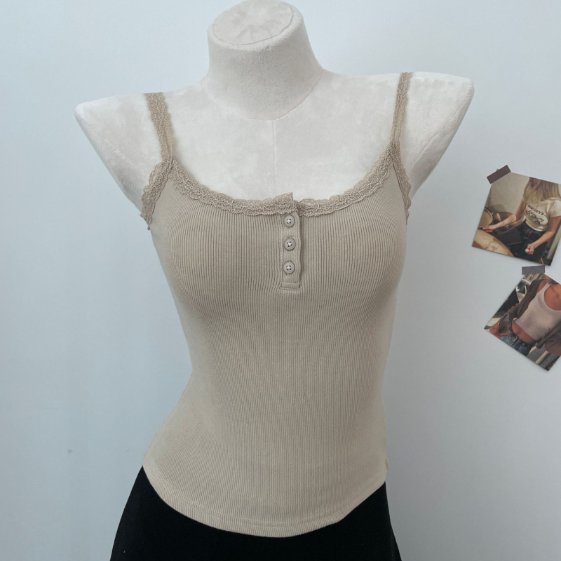 Слинг топ с дантелени копчета, памучна тъкан, акрил ≤30%, вискоза, за възрастни жени, есен 2023, стил: свеж и сладък