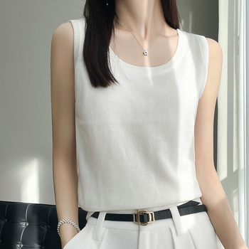 Ženski bezrukavni pleteni top s širokim ramenskim trakama, okrugli izrez, kratka duljina; Ice Silk Tencel pleteni materijal, 80-90% Tencel, 30-50% Spandex