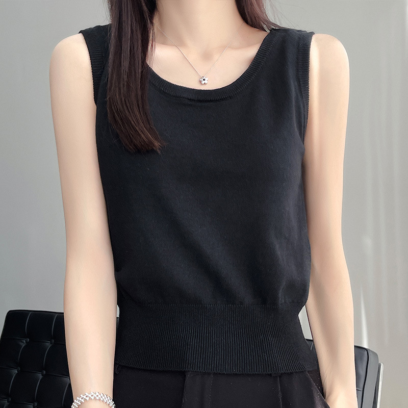 Ženski bezrukavni pleteni top s širokim ramenskim trakama, okrugli izrez, kratka duljina; Ice Silk Tencel pleteni materijal, 80-90% Tencel, 30-50% Spandex