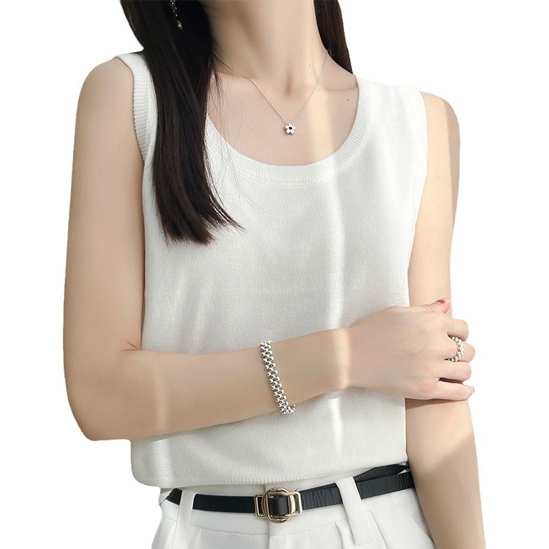 Ženski bezrukavni pleteni top s širokim ramenskim trakama, okrugli izrez, kratka duljina; Ice Silk Tencel pleteni materijal, 80-90% Tencel, 30-50% Spandex