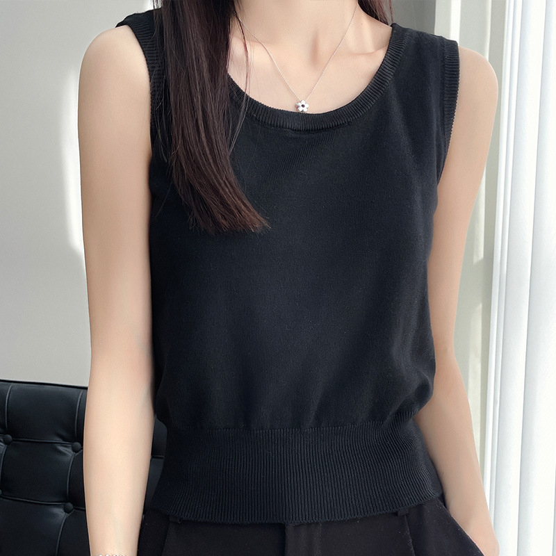 Ženski bezrukavni pleteni top s širokim ramenskim trakama, okrugli izrez, kratka duljina; Ice Silk Tencel pleteni materijal, 80-90% Tencel, 30-50% Spandex
