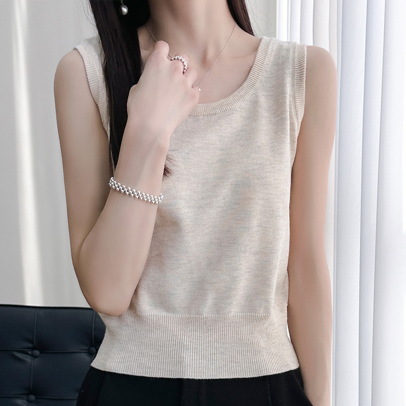Ženski bezrukavni pleteni top s širokim ramenskim trakama, okrugli izrez, kratka duljina; Ice Silk Tencel pleteni materijal, 80-90% Tencel, 30-50% Spandex
