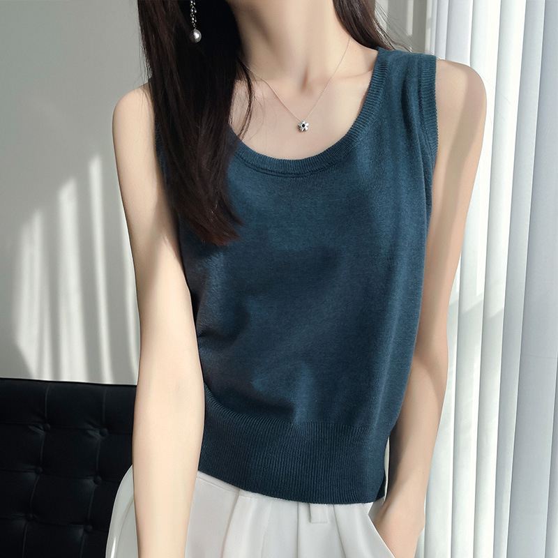 Ženski bezrukavni pleteni top s širokim ramenskim trakama, okrugli izrez, kratka duljina; Ice Silk Tencel pleteni materijal, 80-90% Tencel, 30-50% Spandex