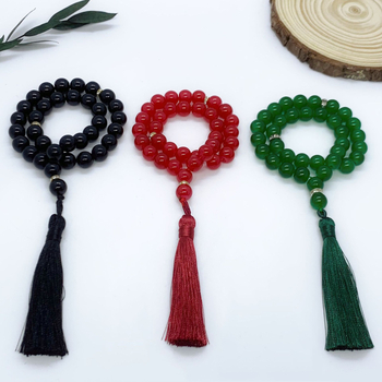 Tasbih narukvica s 33 staklenih perli koje oponašaju jade, etnički stil, unisex, ručna izrada, s resicama