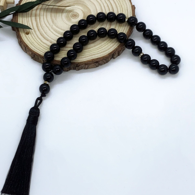 Tasbih narukvica s 33 staklenih perli koje oponašaju jade, etnički stil, unisex, ručna izrada, s resicama