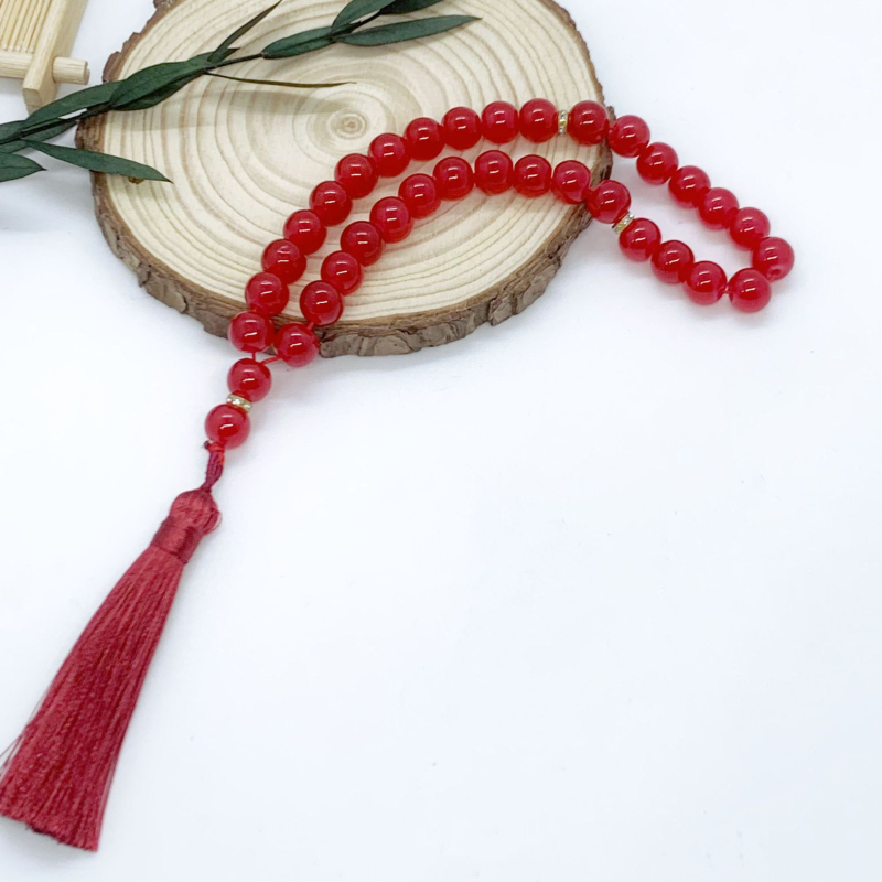 Tasbih narukvica s 33 staklenih perli koje oponašaju jade, etnički stil, unisex, ručna izrada, s resicama